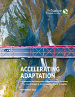 Cover of the Accelerating Adaptation report: Aerial view looking straight down on a car driving over a bridge that spans many offshoots of a river.