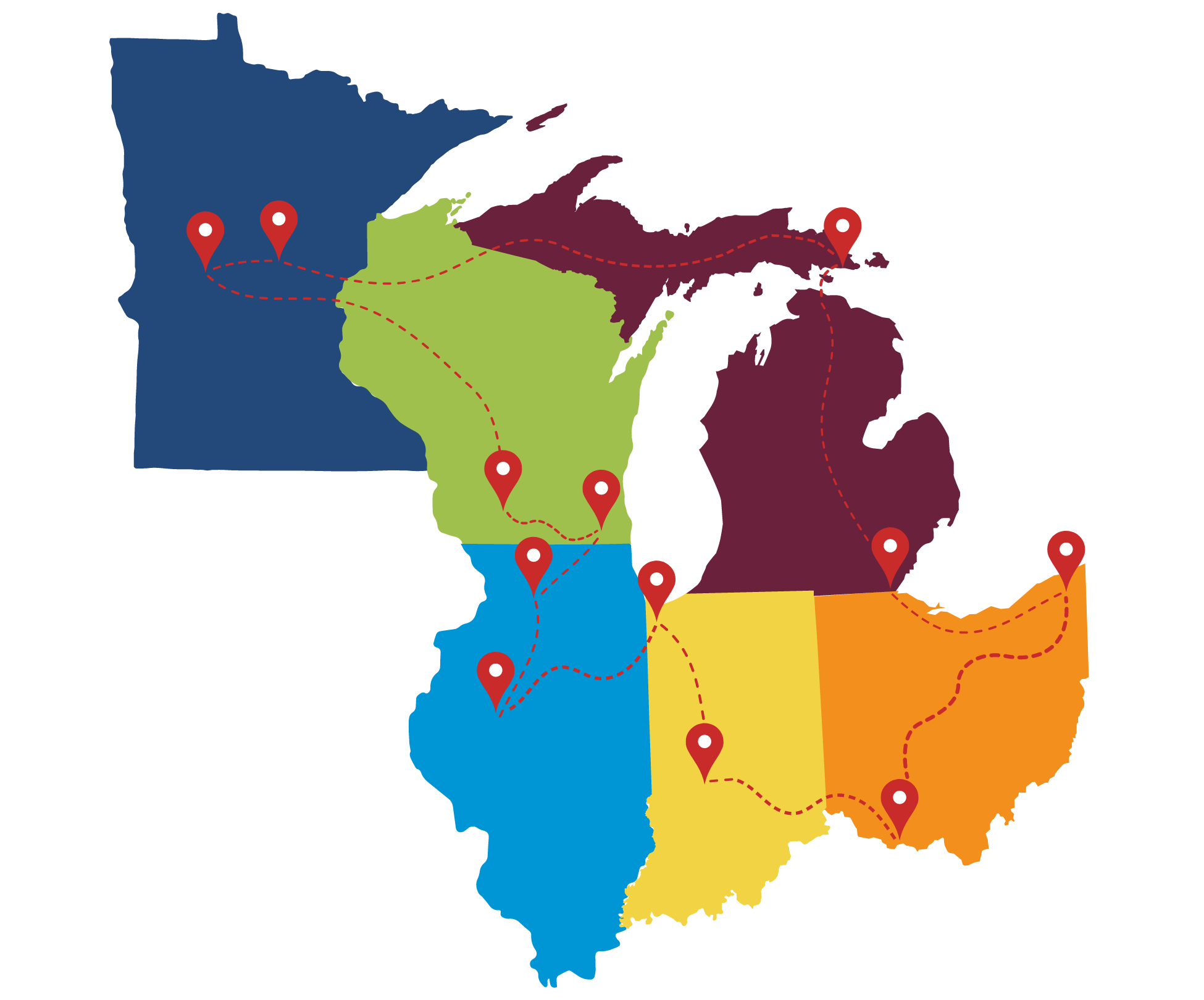 A color-coded map showing a route through Minnesota, Wisconsin, Illinois, Indiana, Ohio, and Michigan.