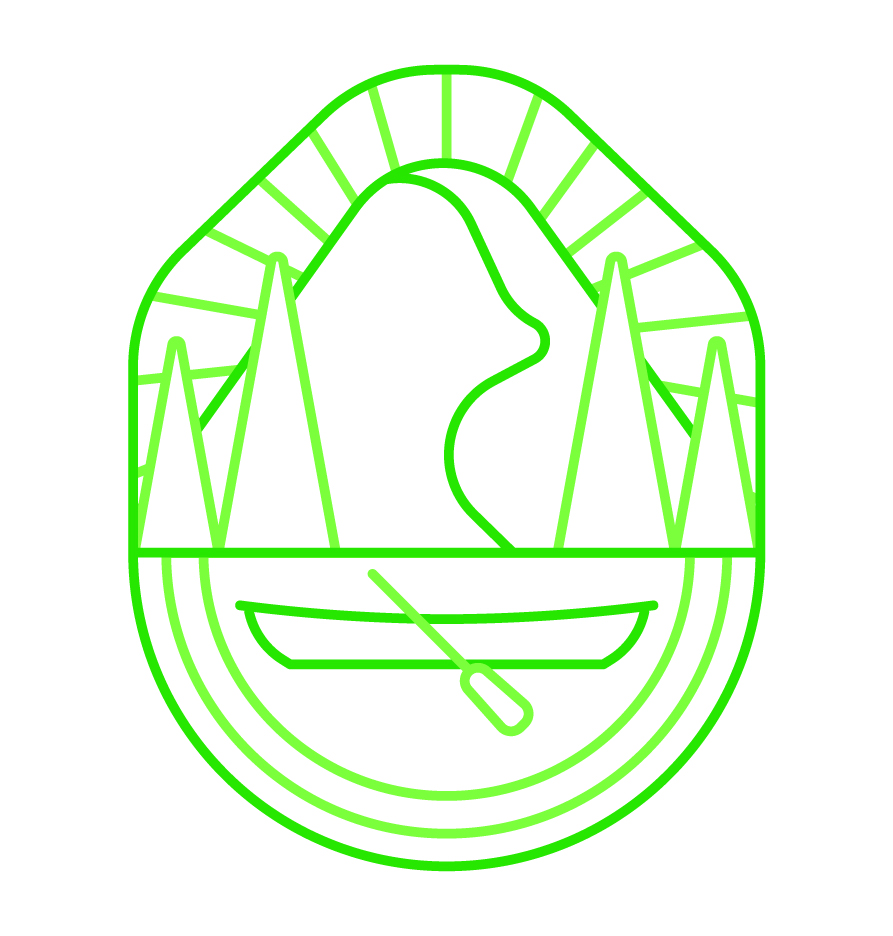 an illustration of park badge with a mountain and canoe