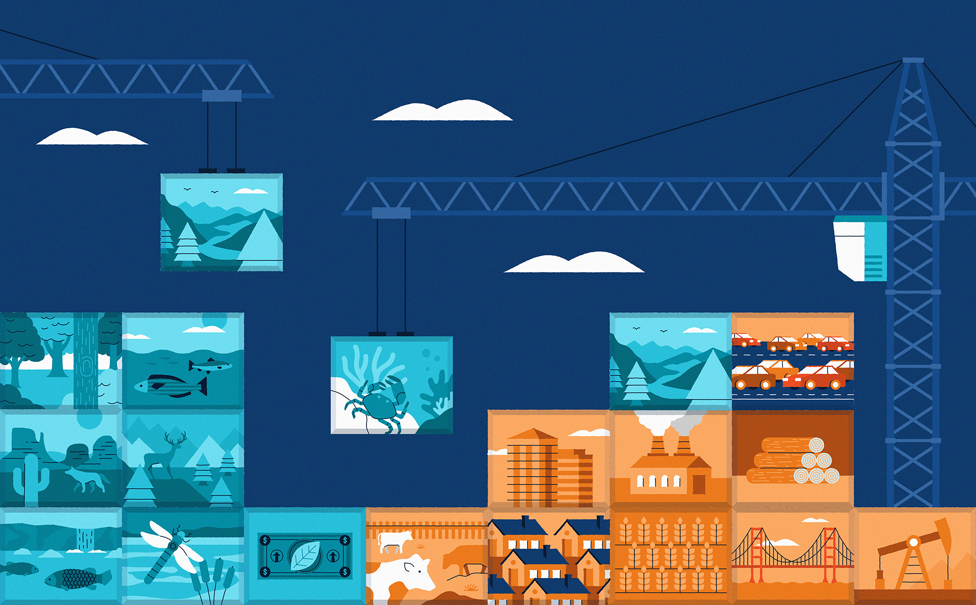 illustration of building blocks representing natural scenes and human scenes such as buildings, being stacked together with a crane