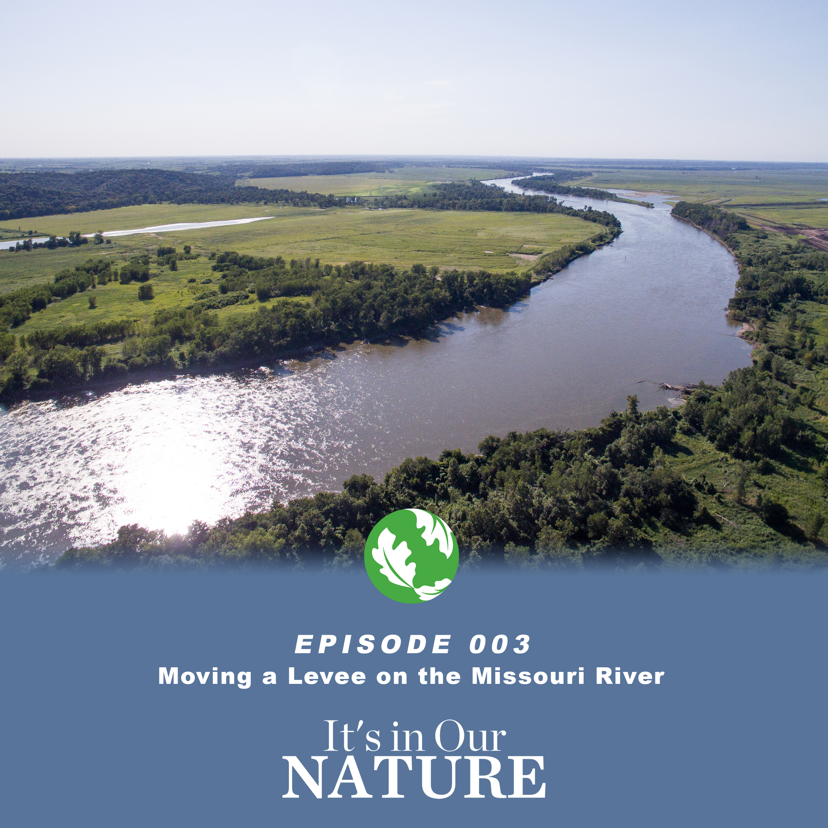 An aerial photo of a large river flowing along forested and farming fields. 