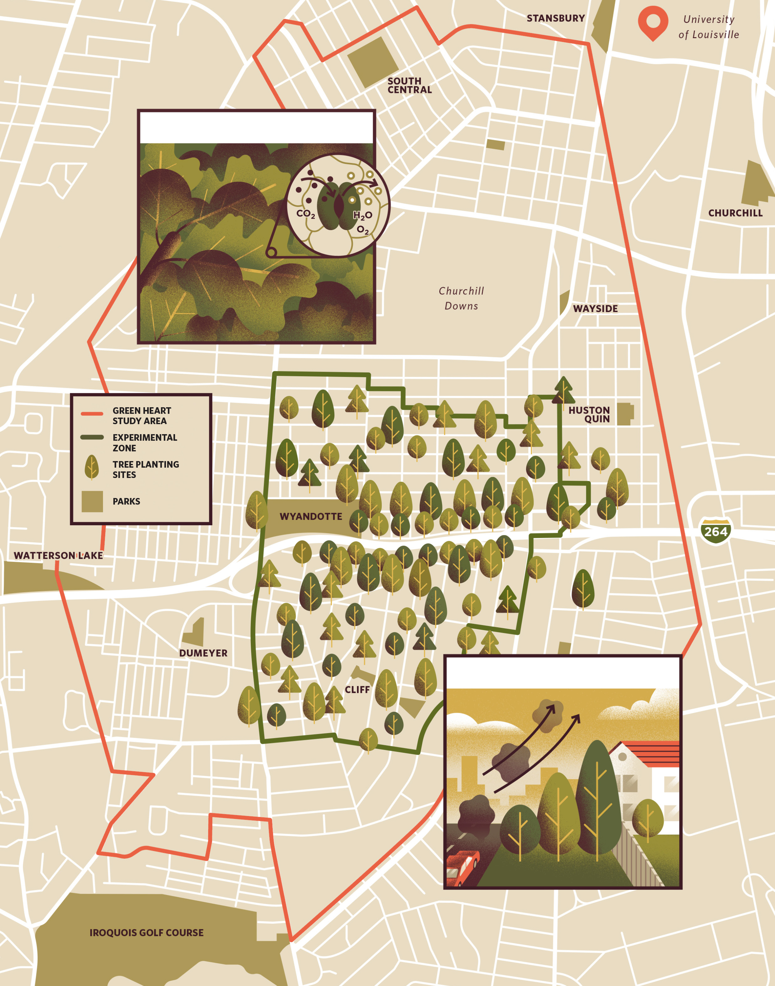 A map shows the Green Heart study area in Louisville, Kentucky..