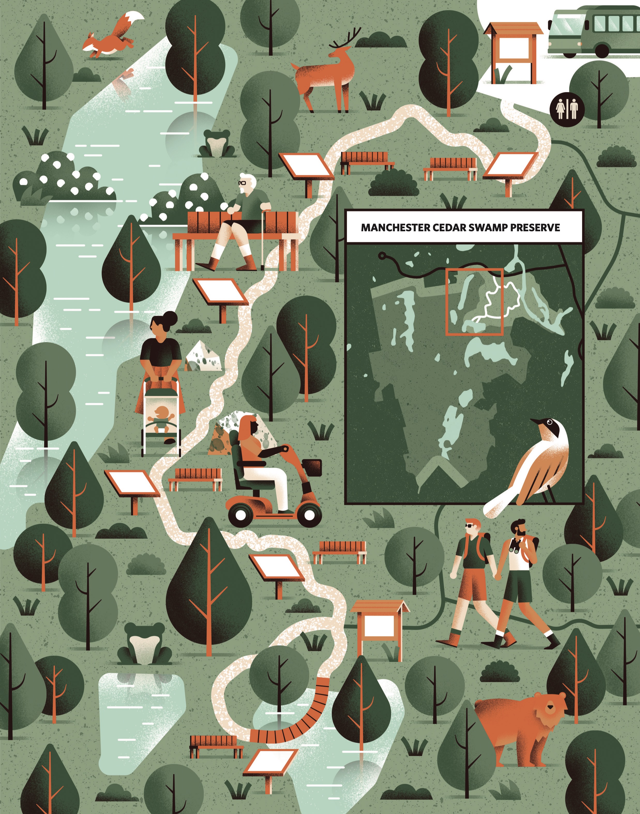 An illustrated map of Manchester Cedar Swamp Preserve.