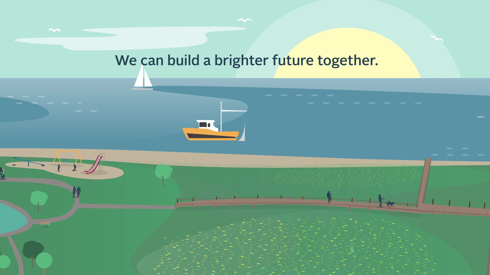 Graphic of a shoreline landscape with two boats out in the water. The sun is setting in the background and the words "We can build a brighter future together" are typed across the sky.
