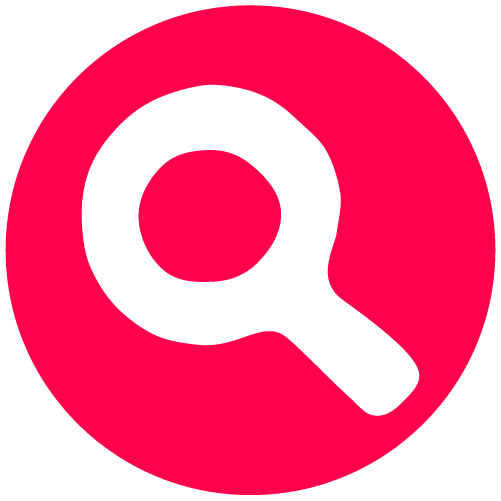 Graphic of a white magnifying glass against a round red background.