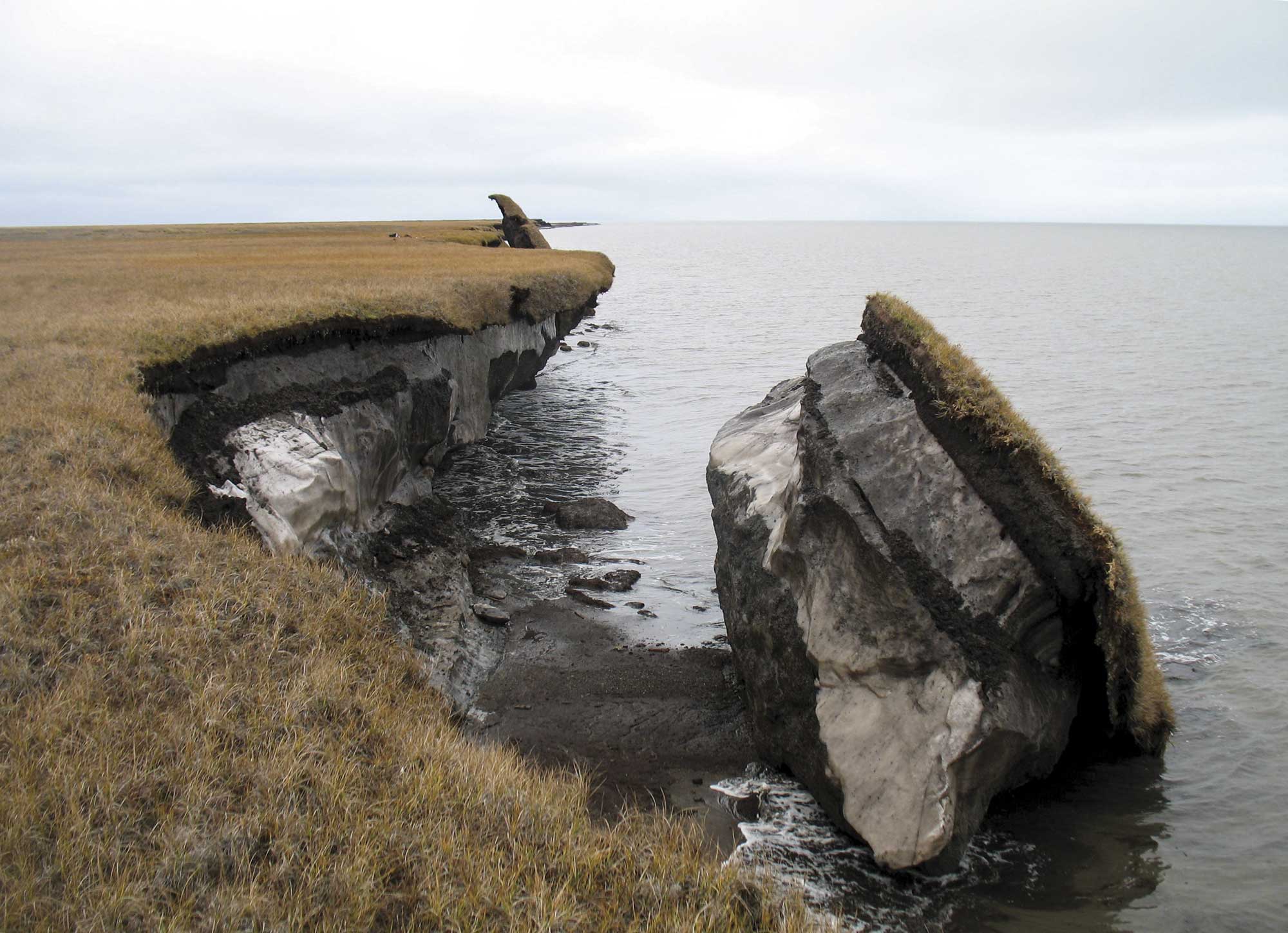 A block of permafrost that has fallen into the ocean on the Alaska coast.