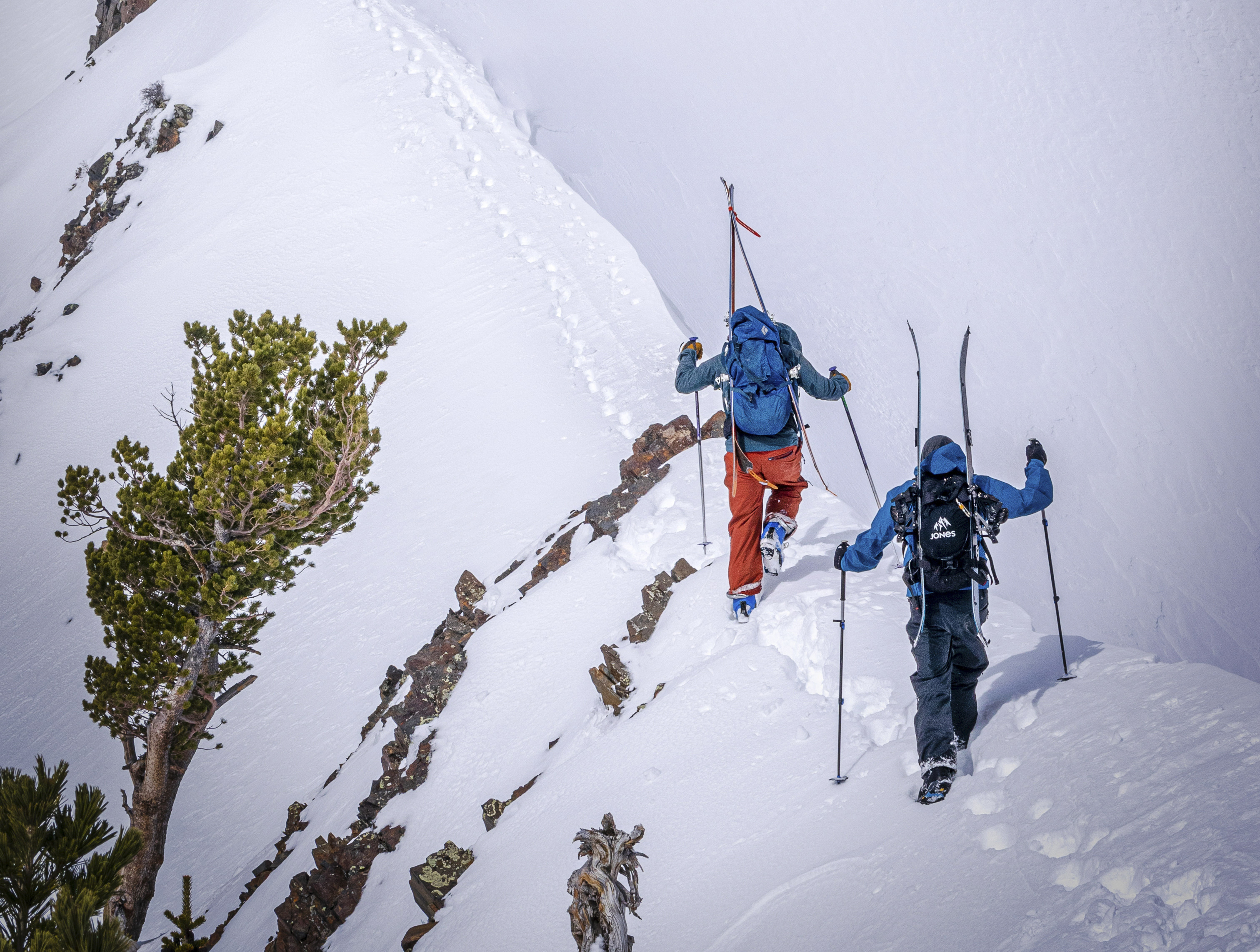 Two skiers holding their skis and poles and walking down a snowy mountain.