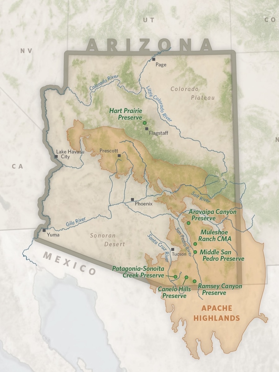 Map of the Apache Highlands with TNC preserves and other critical areas highlighted.