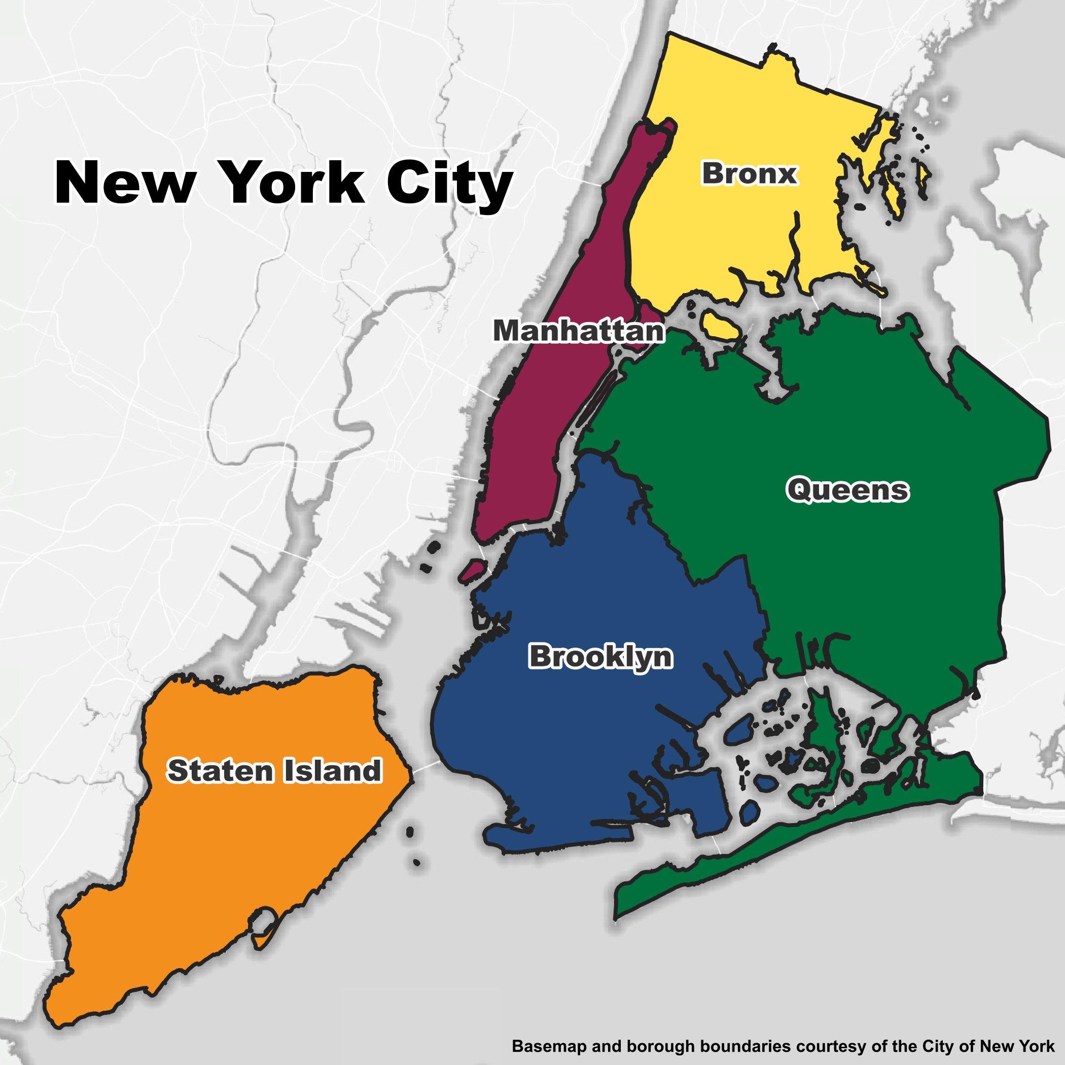 Map of all five boroughs of NYC. 