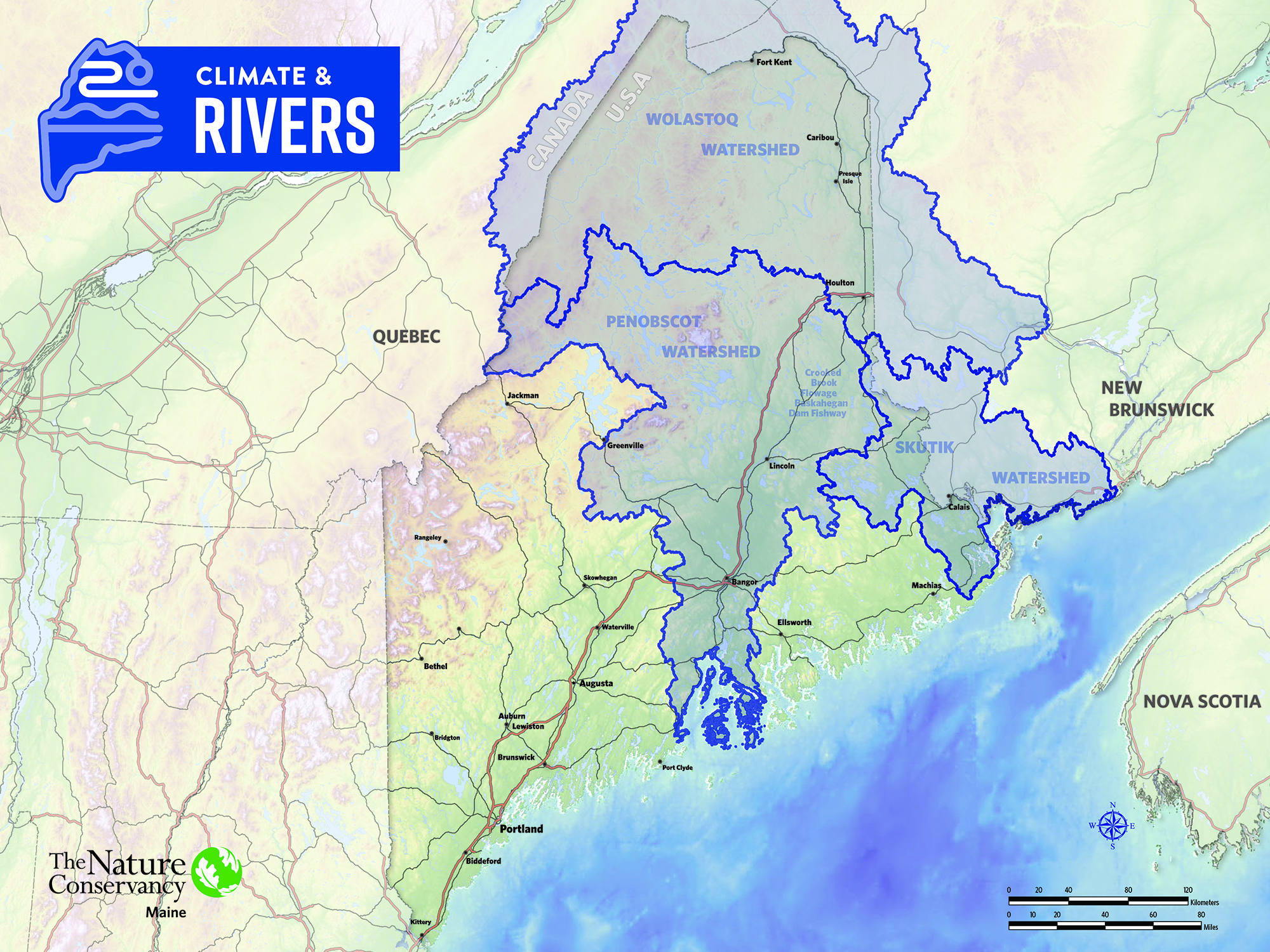 A map shows the state of Maine with an outline of significant watersheds.