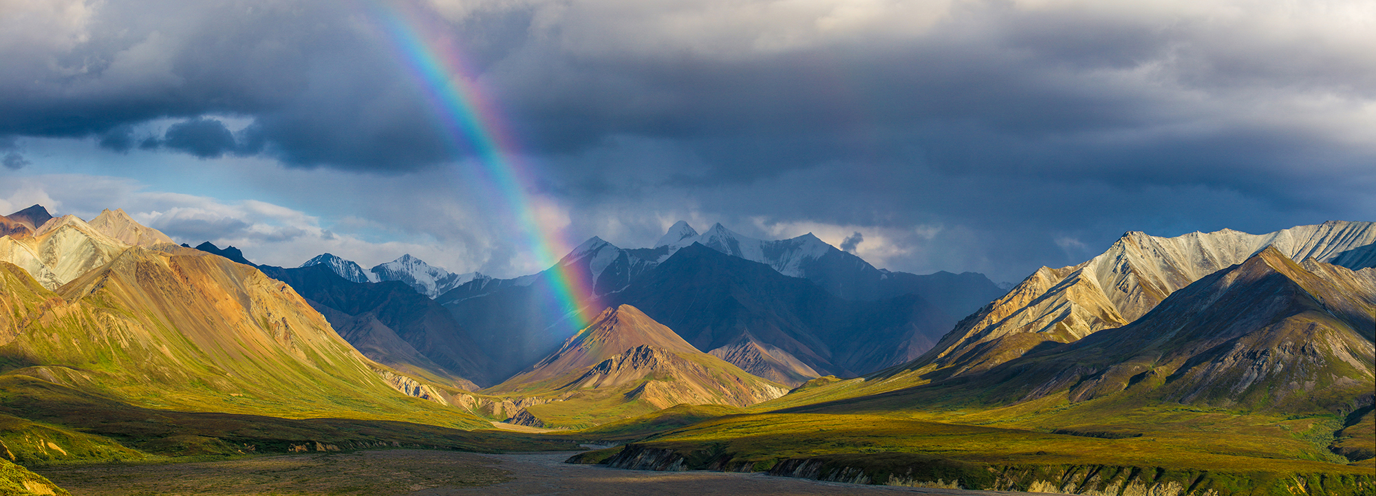 A rainbow rises from a sunlit tundra mountain. 