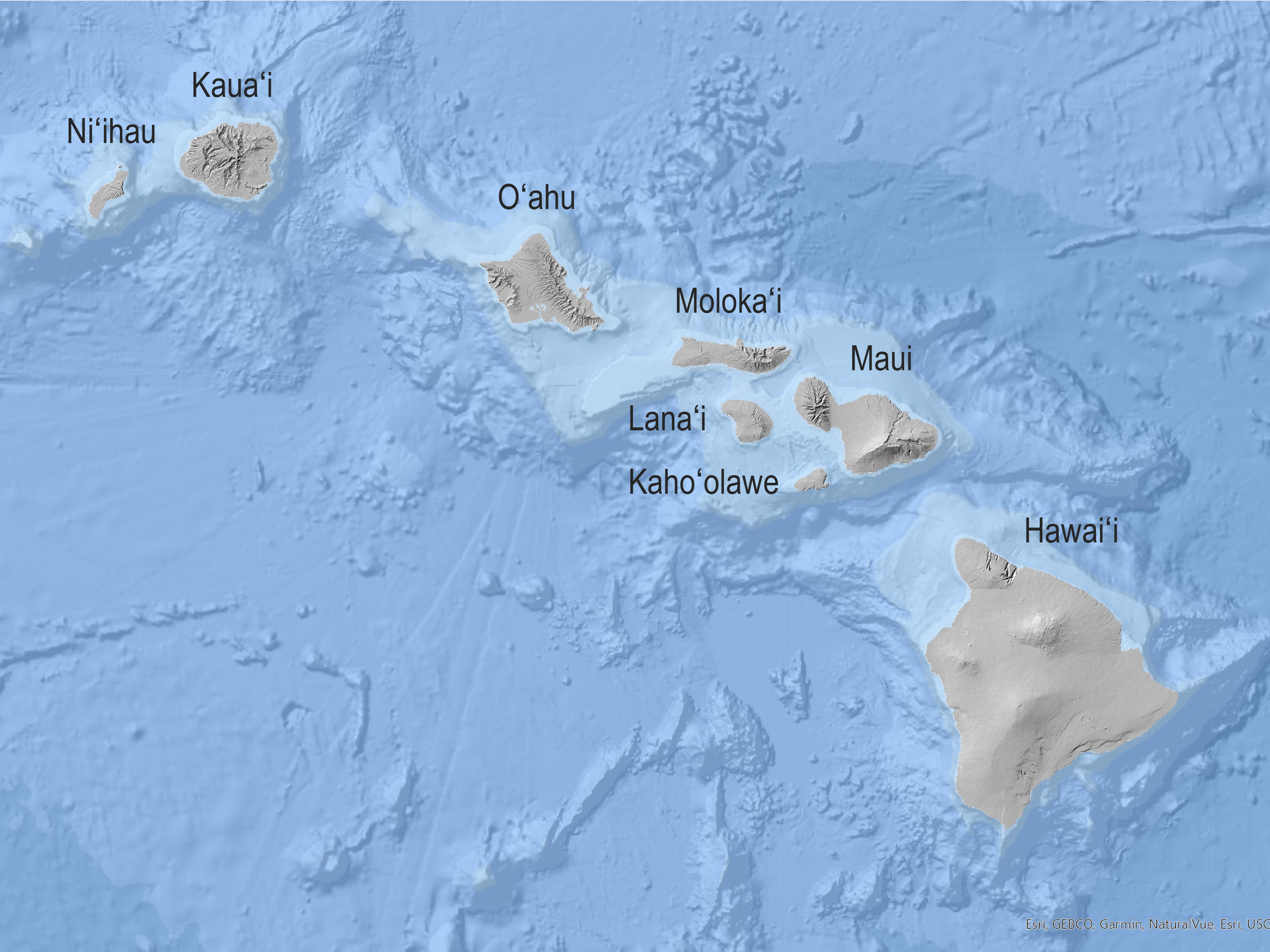Topographic map of the Main Hawaiian Islands—from northwest to southeast Ni‘ihau, Kaua‘i, O‘ahu, Moloka‘i, Lana‘i, Kaho‘olawe, Maui, Hawai‘i—and the seafloors surrounding them.