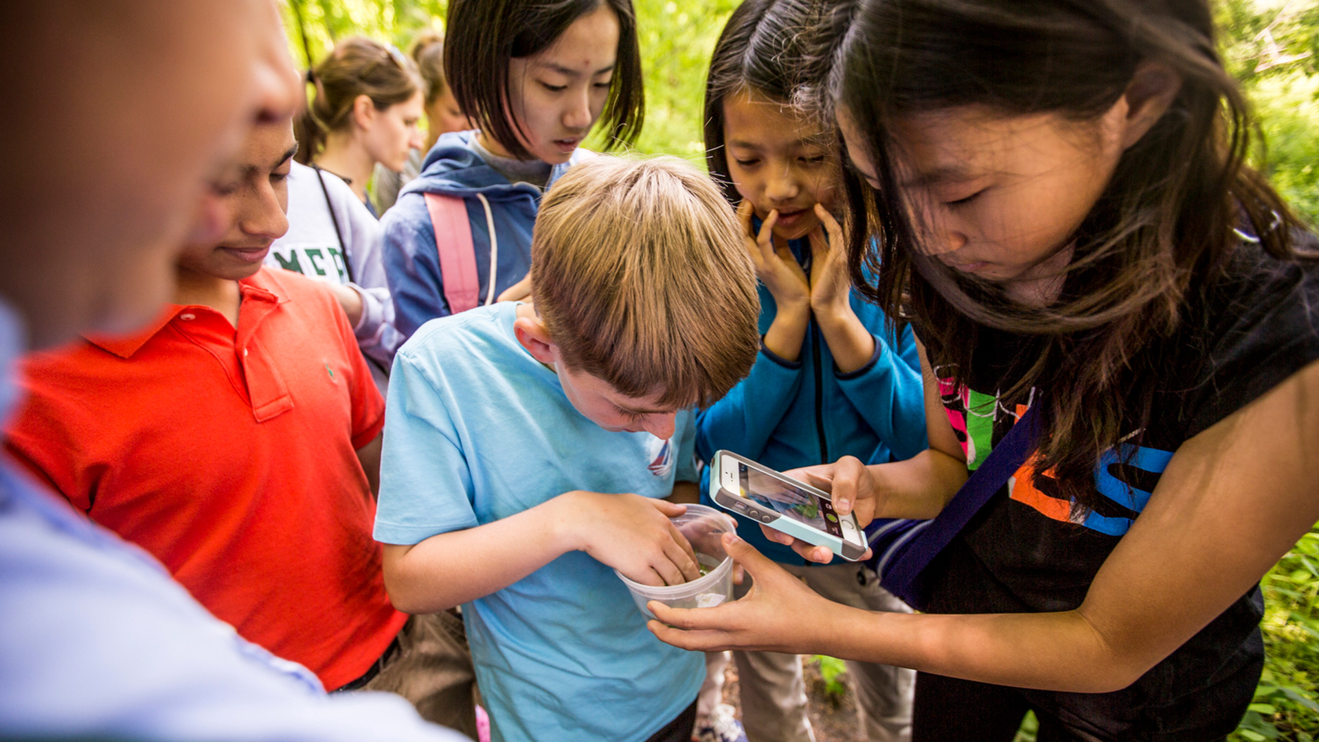 Kids gather around a specimen collected from a creek.
