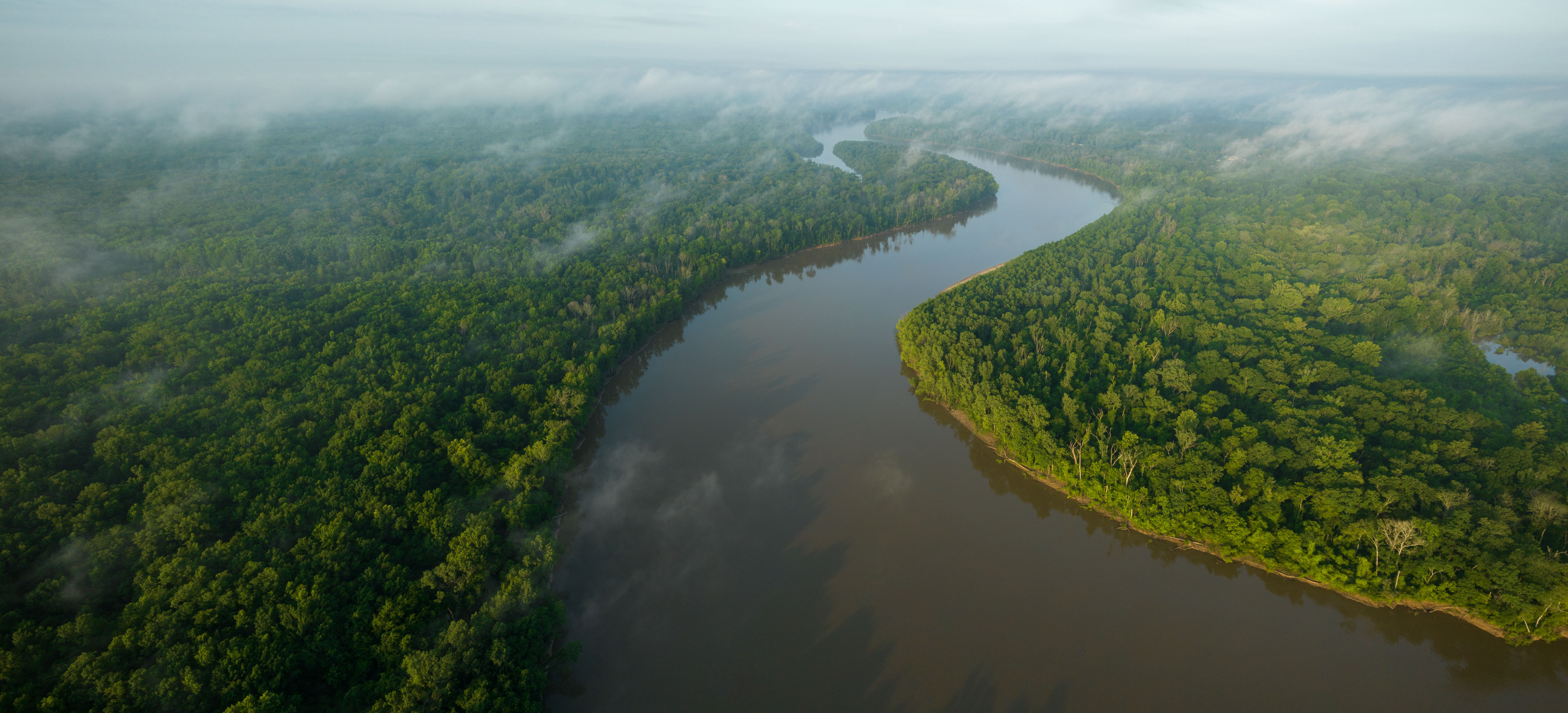 A calm river meanders through green forestlands.