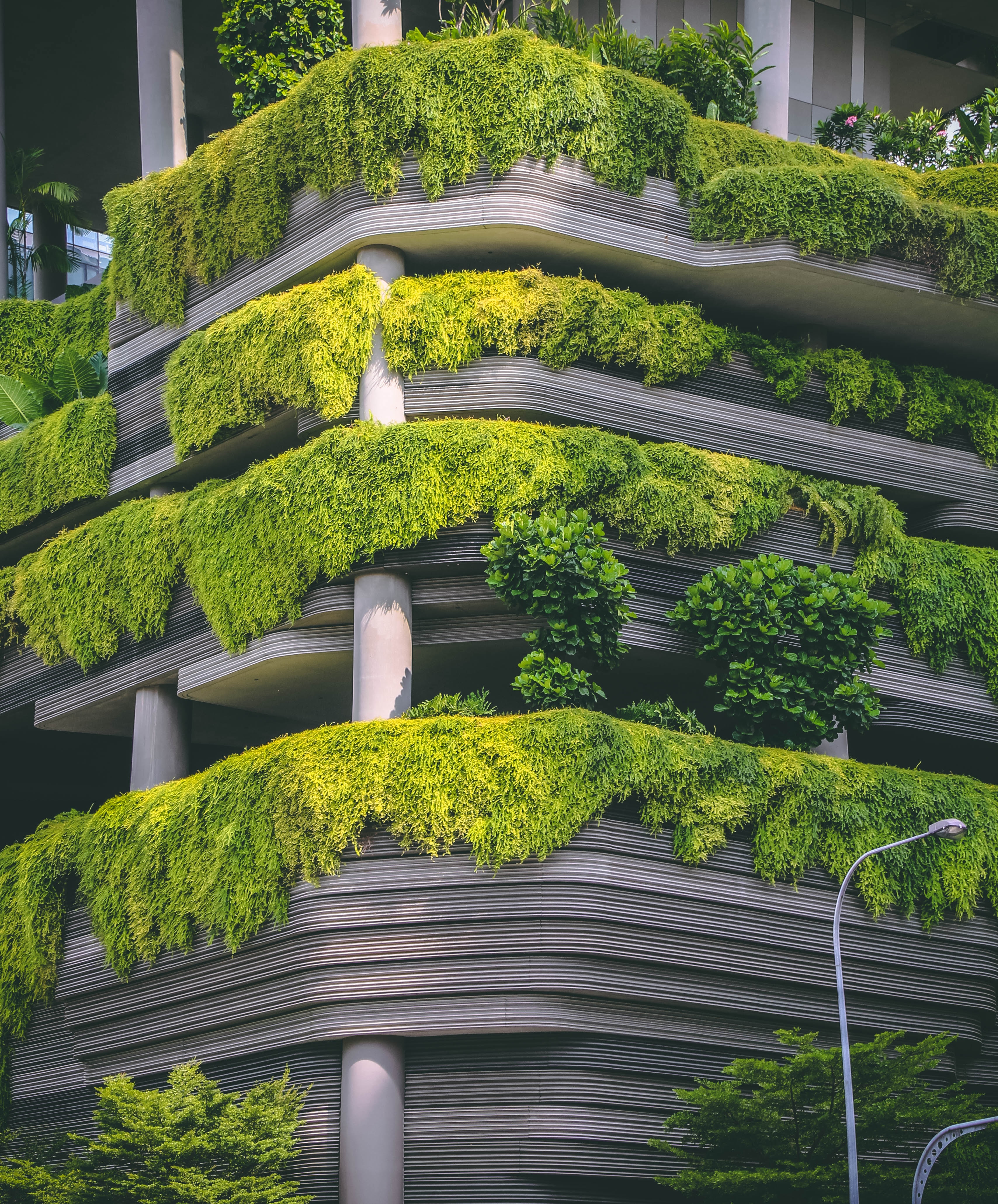 A building with greenery growing off the balconies. 