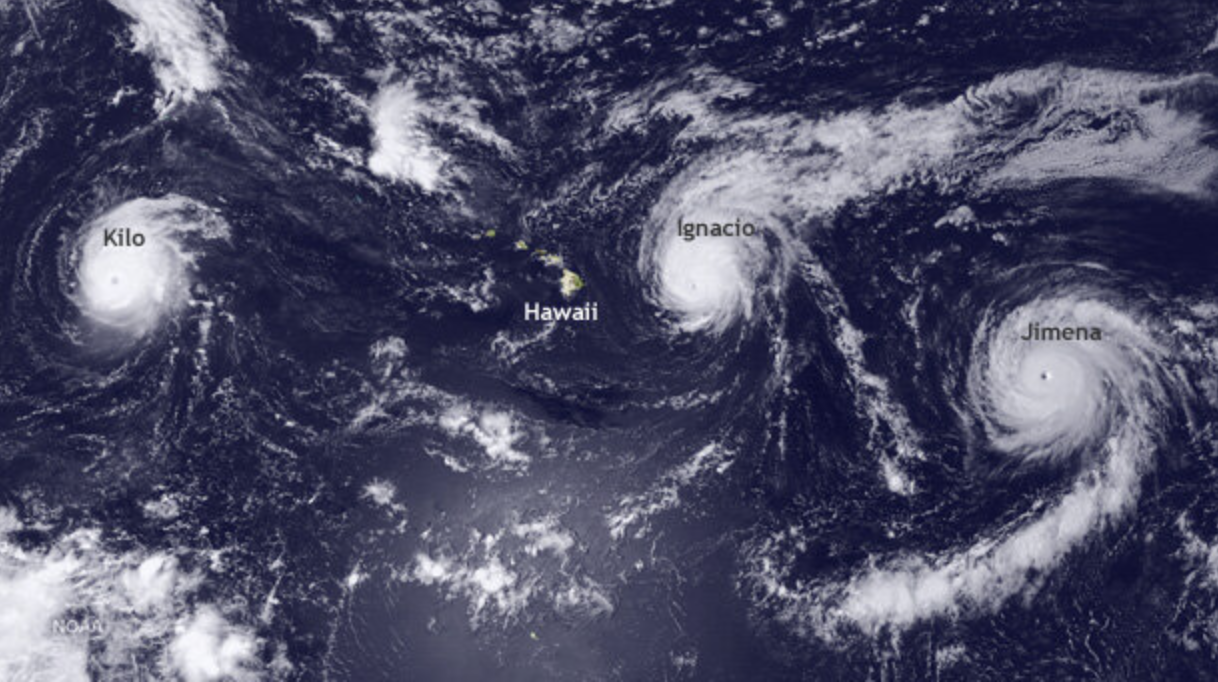 Satellite image of hurricanes hitting Hawaii.
