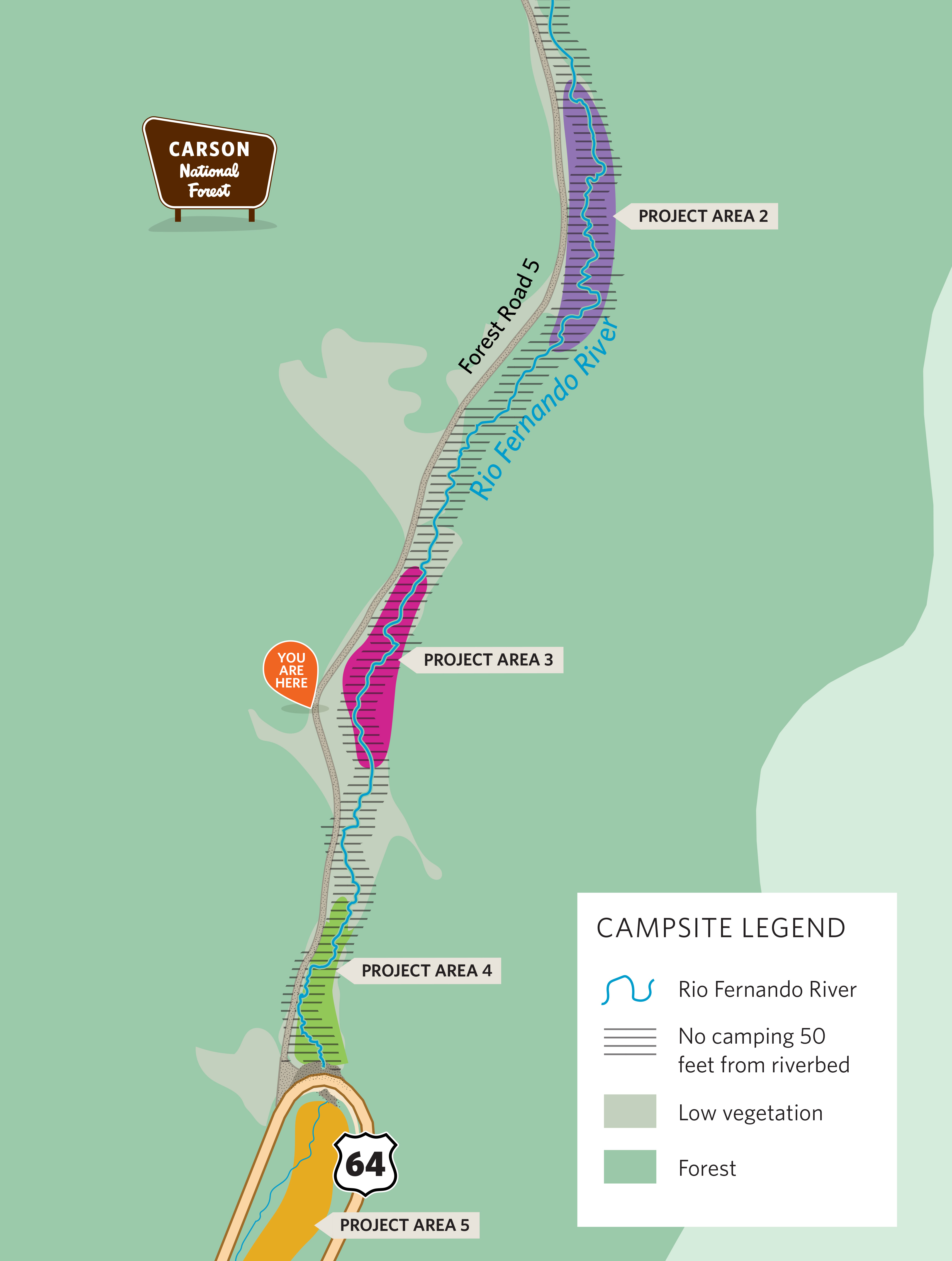 Illustration of a river and camping sites adjacent to wetland restoration project areas.