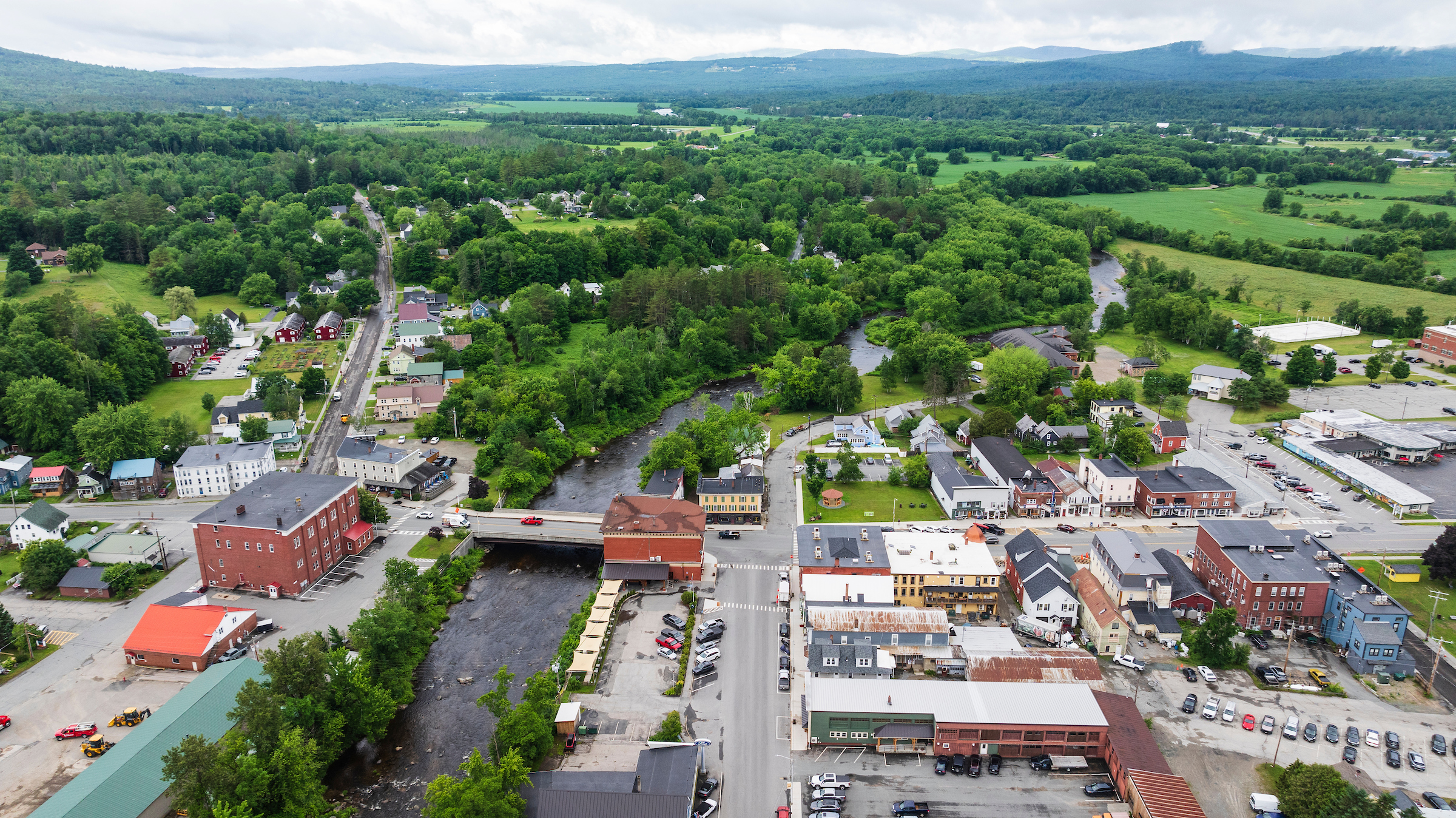 Drone view of the Israel River and Lancaster, New Hampshire.