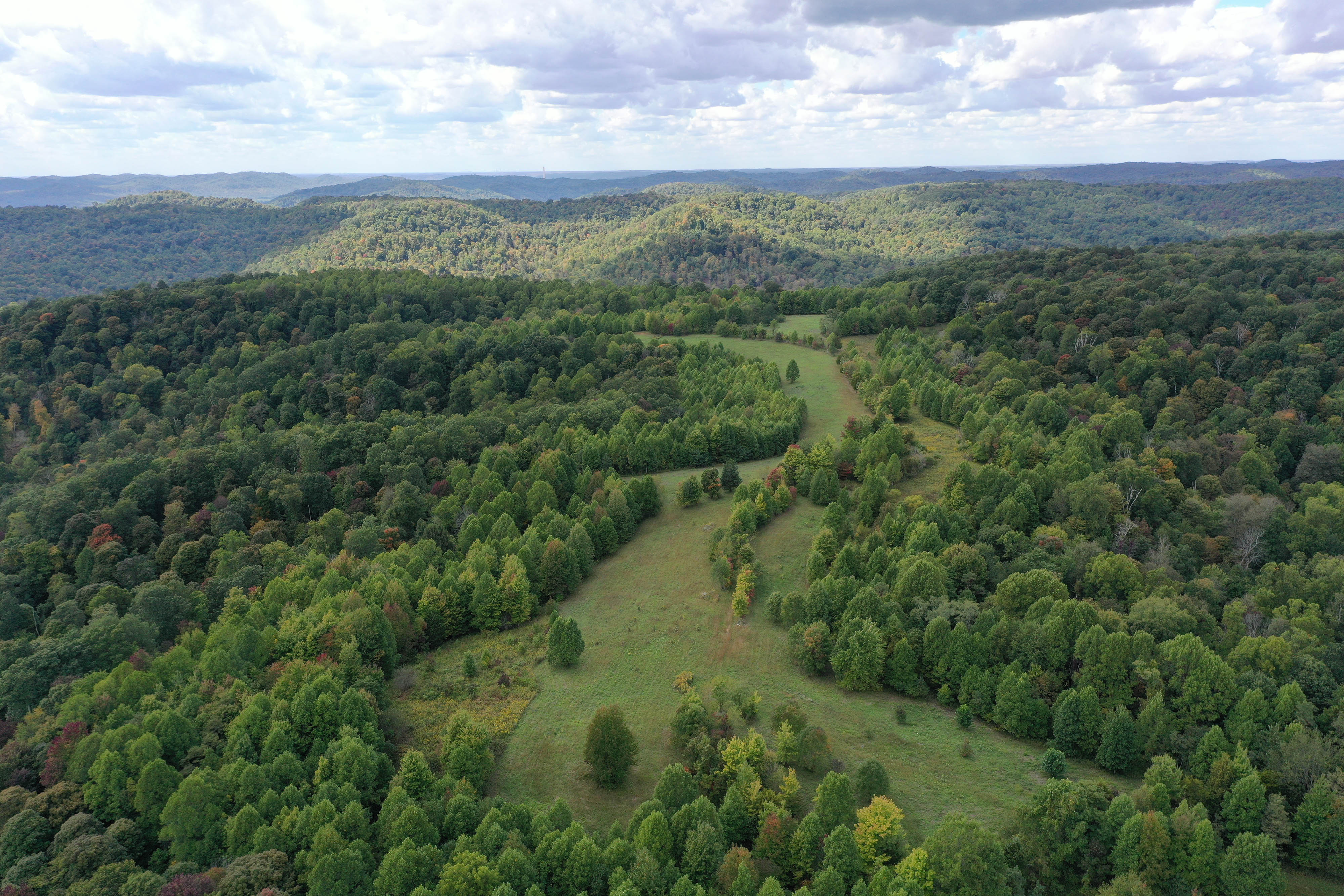 Aerial view of a swath of green land winding through a densely wooded landscape.