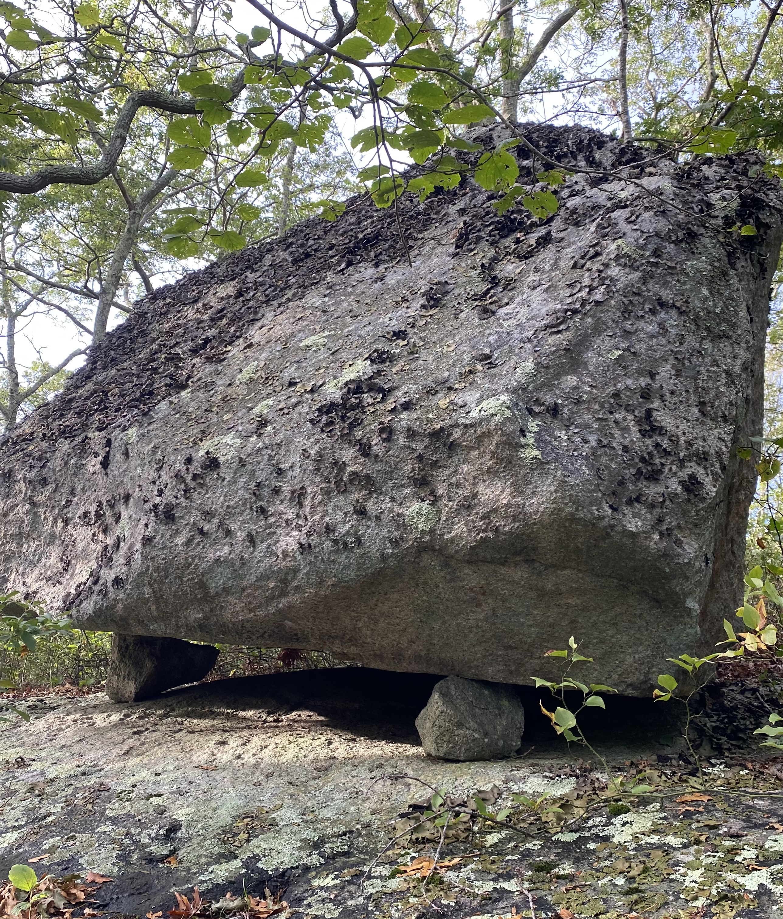 A large glacial erratic boulder mounted above exposed granite bedrock on much small stones.