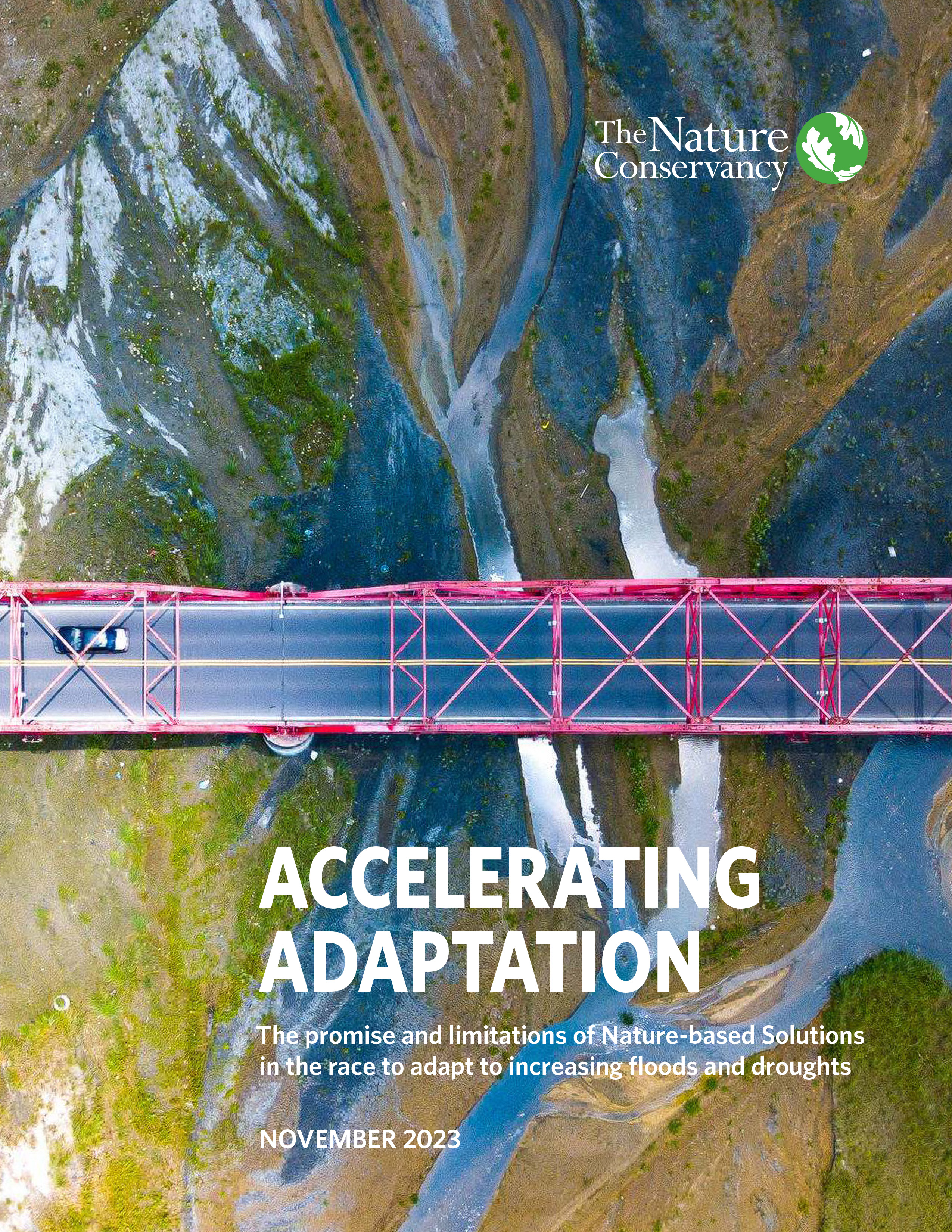 Cover of the Accelerating Adaptation report: Aerial view looking straight down on a car driving over a bridge that spans many offshoots of a river.