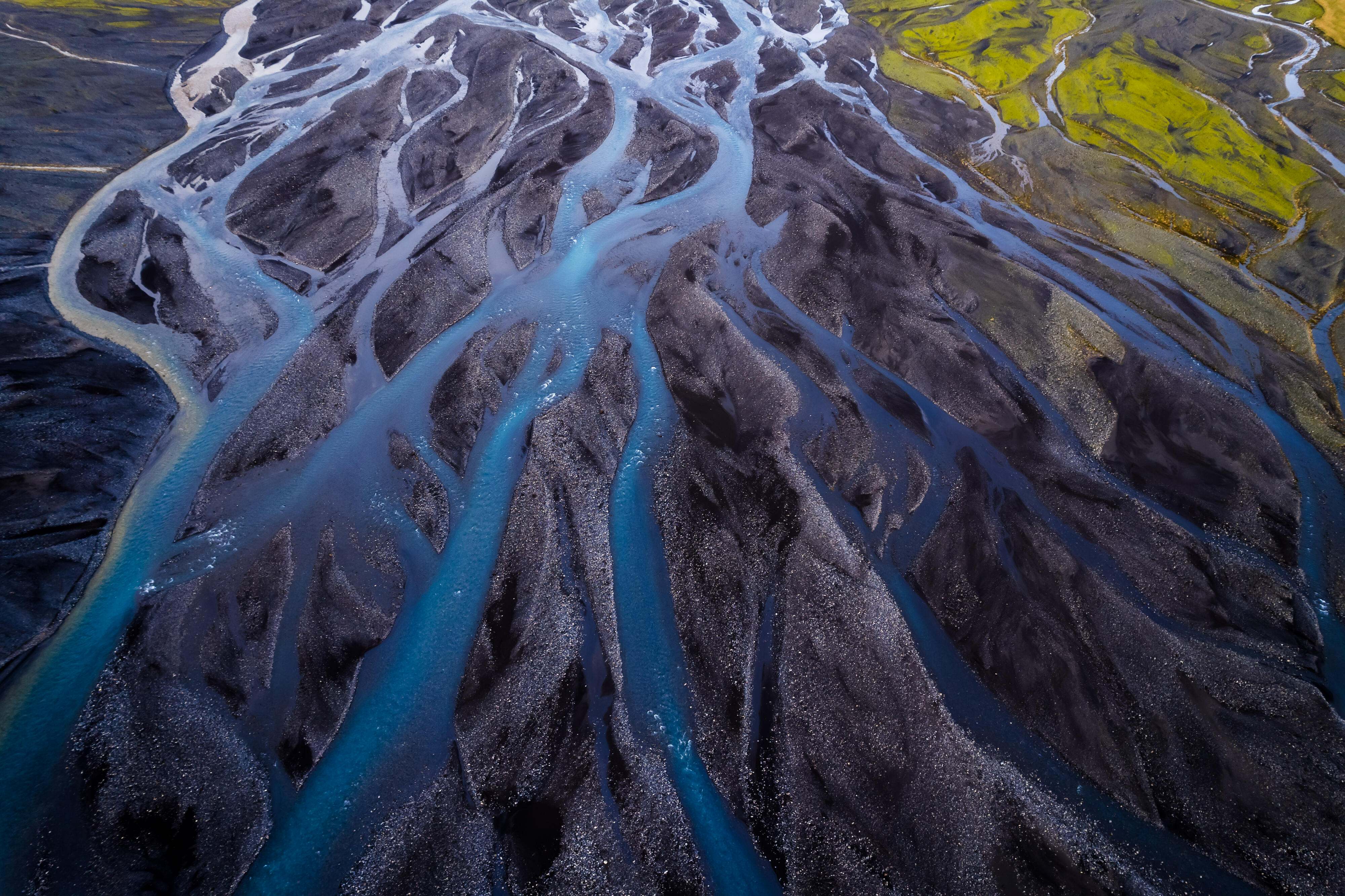 Aerial view of rivulets over Iceland's south coast.