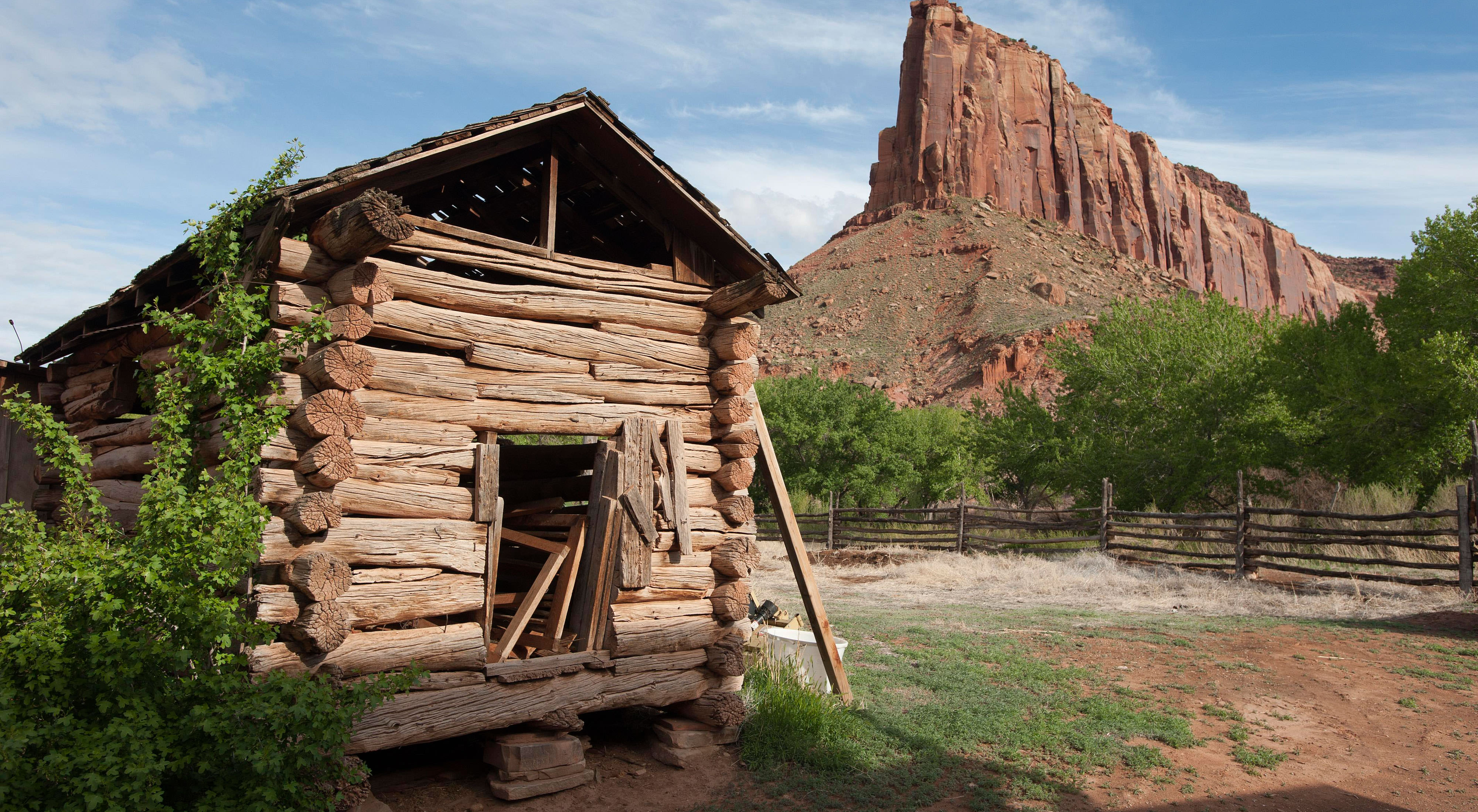 Closeup of an old building called Dugout Ranch.