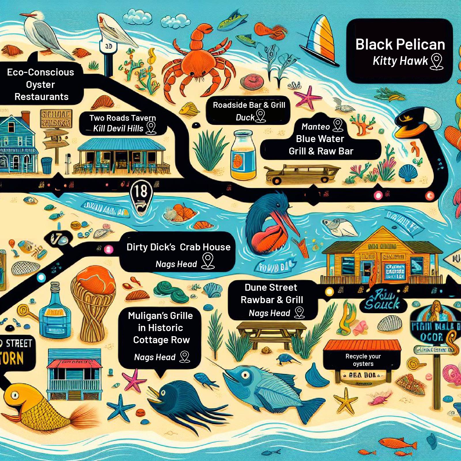 A colorful illustrated map of oyster restaurants in the Outer Banks of North Carolina.