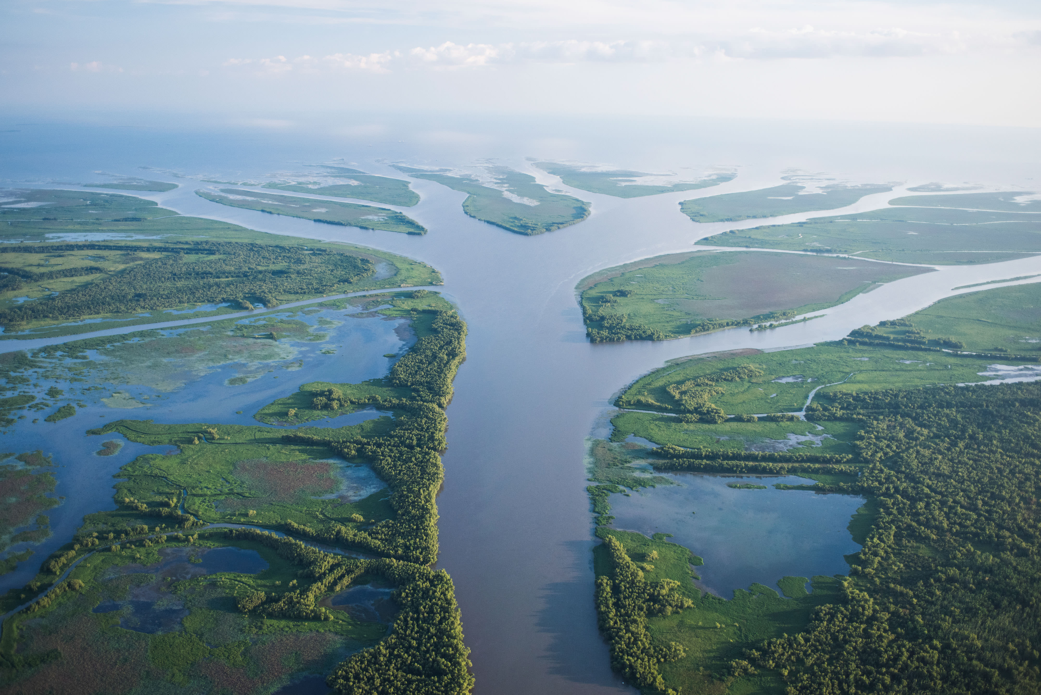 Aerial view of wide channels of water flowing into the Gulf of Mexico.