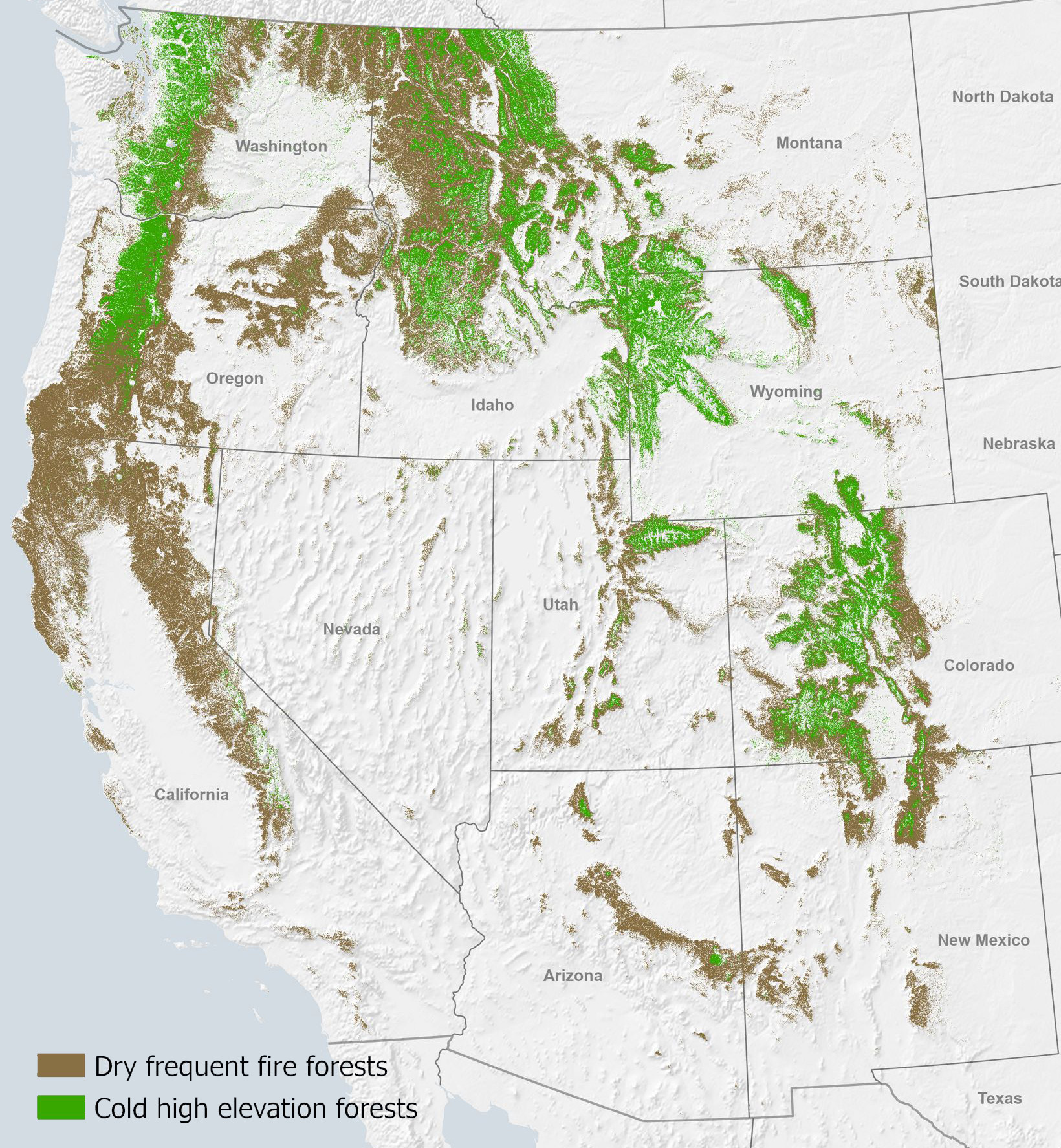 Map of Western Forests in the US.