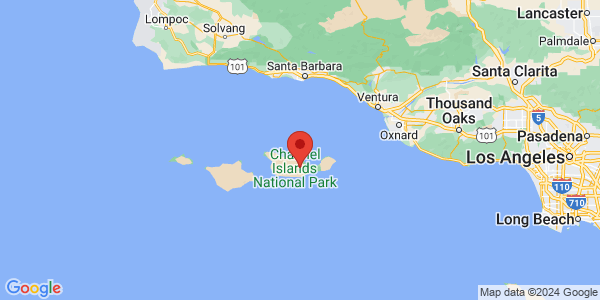 Map with marker: The Nature Conservancy portion of Santa Cruz Island requires a landing permit to go ashore. 